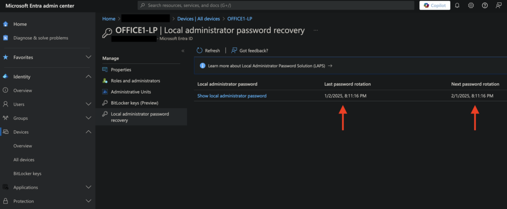 Entra ID page showing the local administrator password recovery dates.